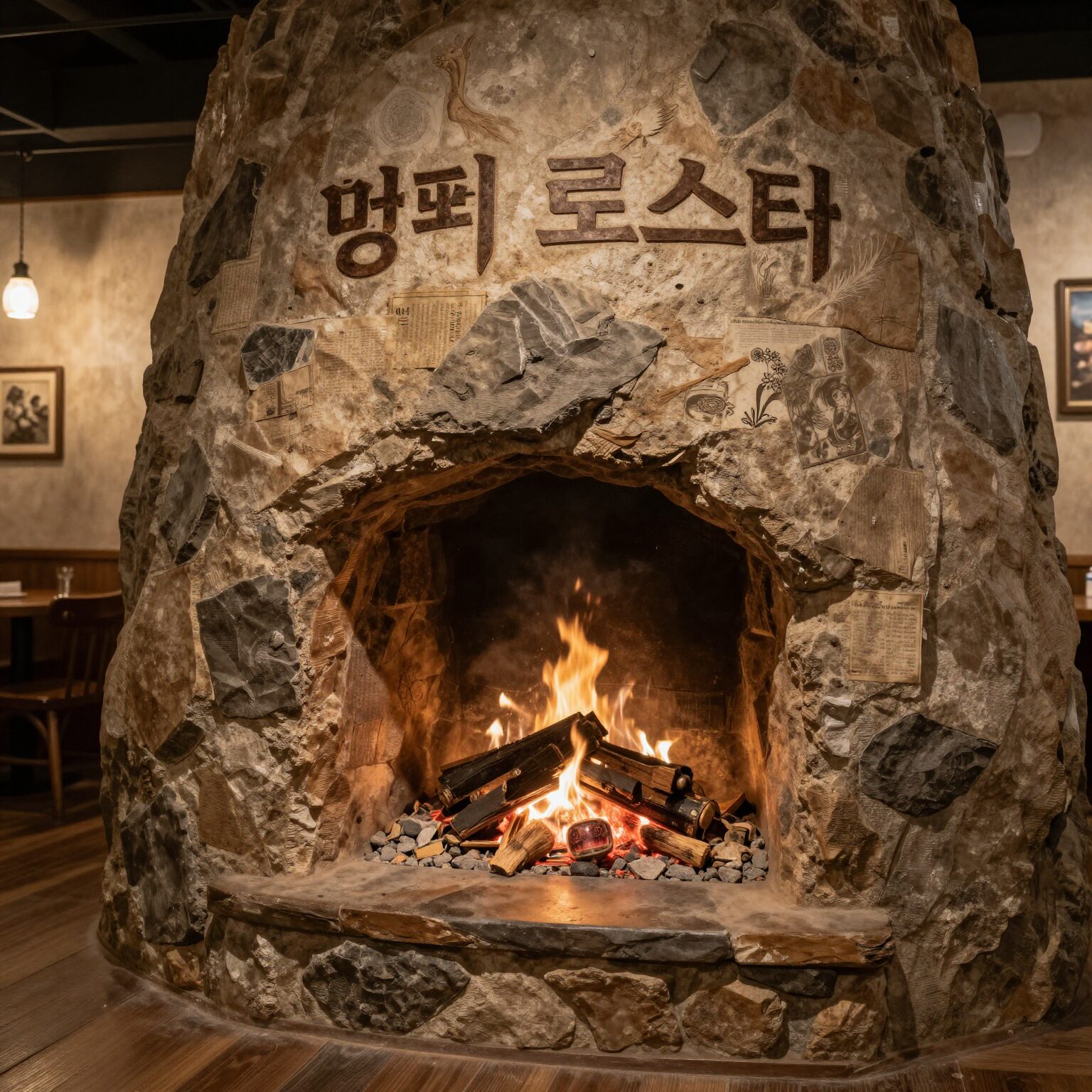 해리포터 지브리 느낌의 평택 이스 로스터스 카페 내부 벽난로 공간