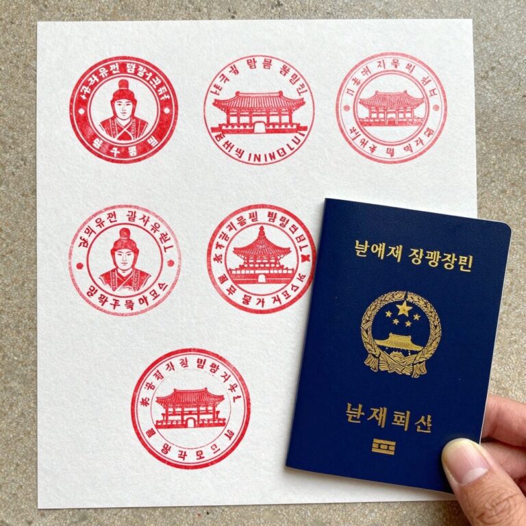 눈에 띄는 빨간색 국가유산 방문코스 스탬프 거치대와 파란색 방문자 여권을 함께 찍은 사진. 스탬프에는 해당 유산의 상징 문양이 새겨져 있다.