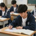 고2 학생이 6월 모의고사 준비를 위해 책상에서 공부하고 있는 모습