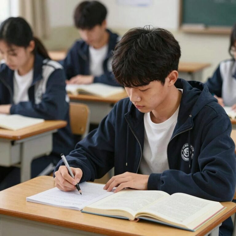 고2 학생이 6월 모의고사 준비를 위해 책상에서 공부하고 있는 모습