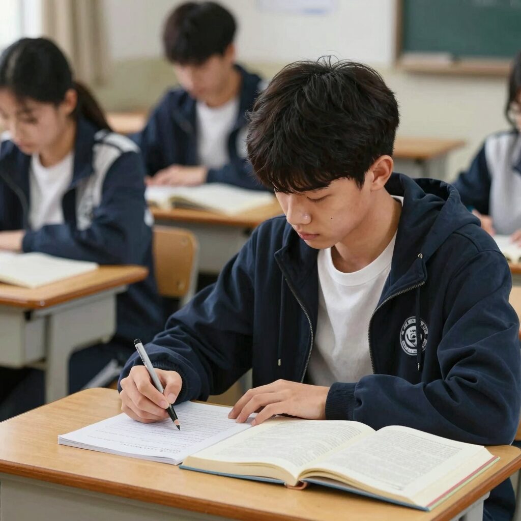 고2 학생이 6월 모의고사 준비를 위해 책상에서 공부하고 있는 모습