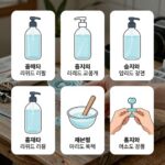 홈매트 리퀴드 리필 교체 과정을 단계별로 보여주는 사진, 심지와 병 입구 확인 방법 강조