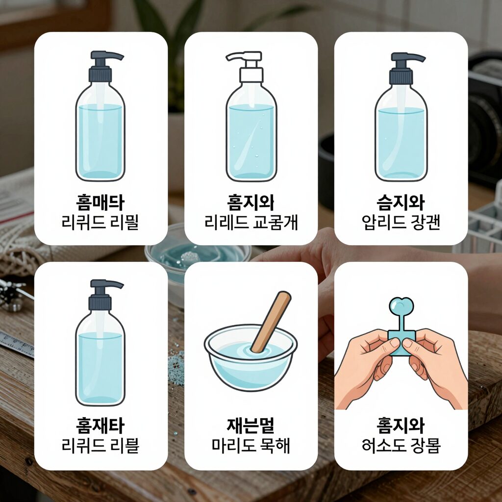 홈매트 리퀴드 리필 교체 과정을 단계별로 보여주는 사진, 심지와 병 입구 확인 방법 강조