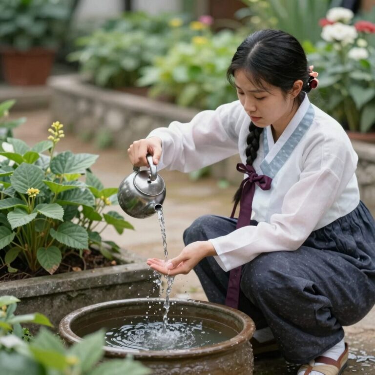 수국 화분에 물을 주는 모습