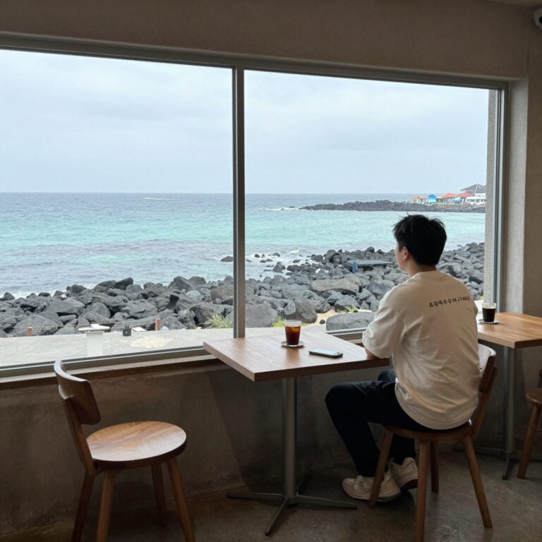 제주 조천읍 카페 점점의 초당옥수수라떼와 오션뷰가 보이는 창가 자리