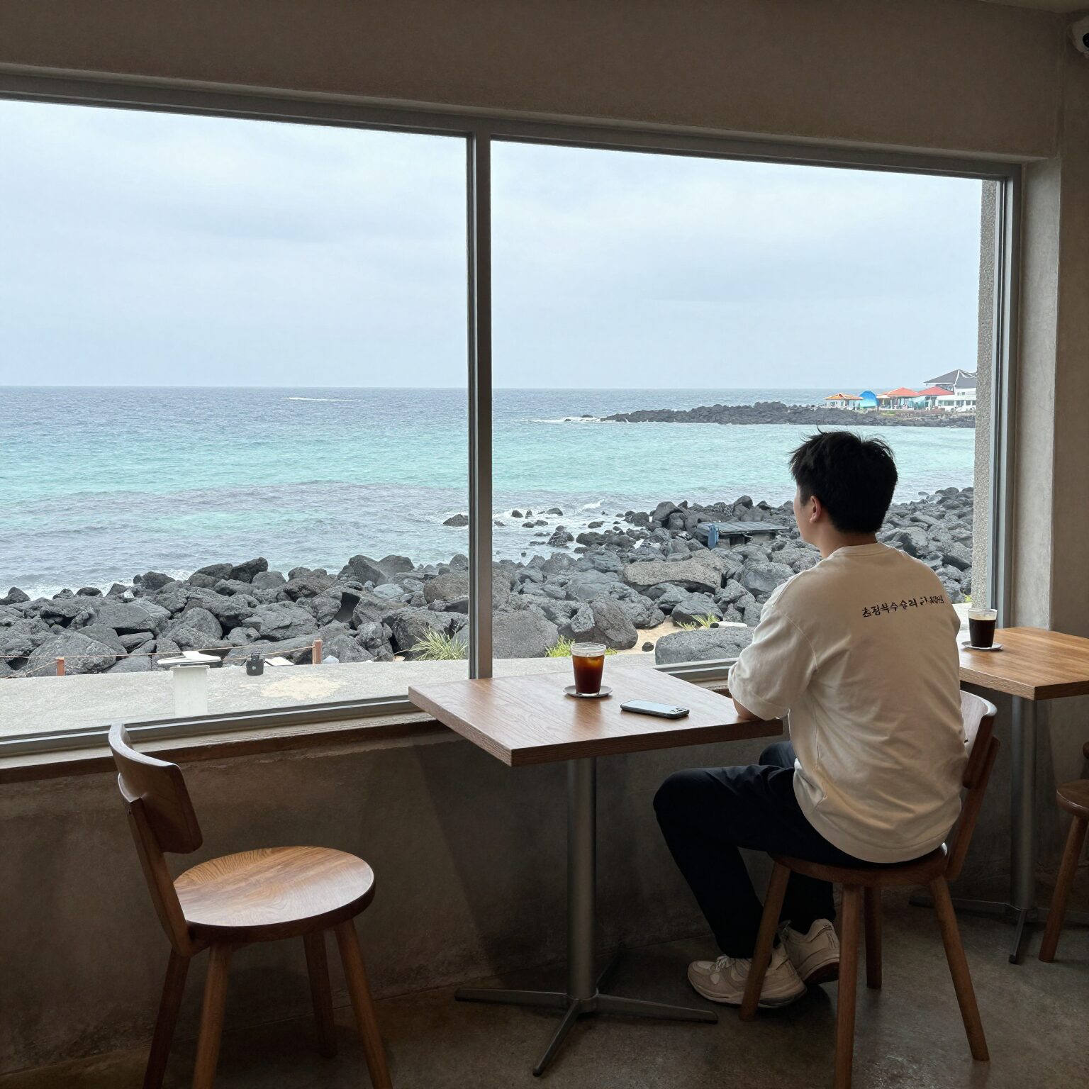 제주 조천읍 카페 점점의 초당옥수수라떼와 오션뷰가 보이는 창가 자리