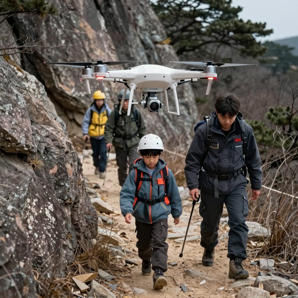 주왕산 실종 초등생 수색에 투입된 드론과 구조대원들이 산길을 살피는 모습