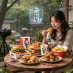 KFC 1+1 시간 지금 확인 KFC 1+1 시간에 주문 가능한 다양한 메뉴들이 테이블에 놓여 있는 모습
