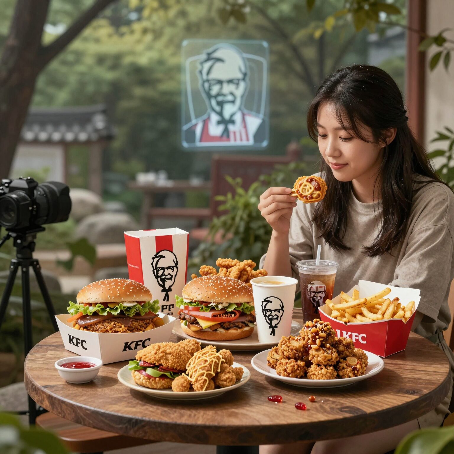 KFC 1+1 시간에 주문 가능한 다양한 메뉴들이 테이블에 놓여 있는 모습