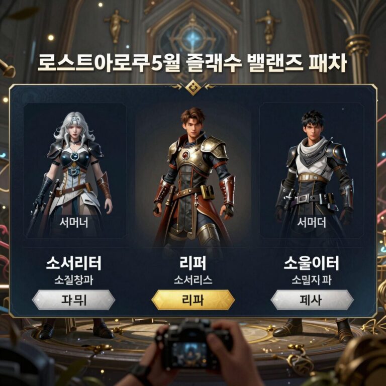로스트아크 5월 클래스 밸런스 패치 화면. 서머너, 소서리스, 리퍼, 소울이터의 스킬창과 데미지 수치가 표시됨.