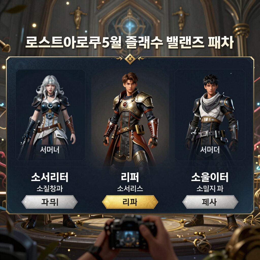 로스트아크 5월 클래스 밸런스 패치 화면. 서머너, 소서리스, 리퍼, 소울이터의 스킬창과 데미지 수치가 표시됨.