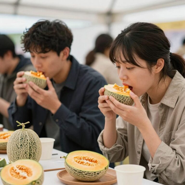 천안 수신메론축제 현장에서 멜론 시식하는 모습