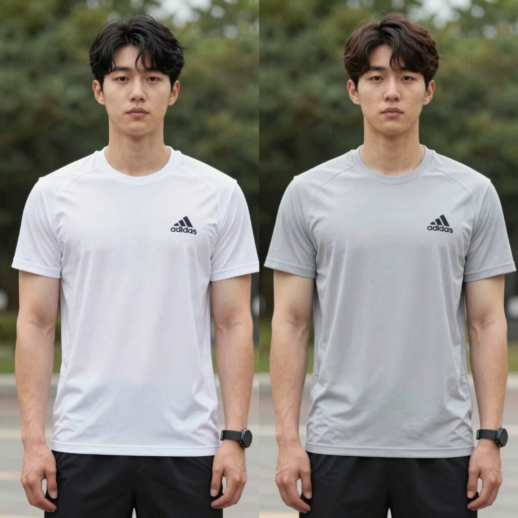 남자 기능성 카라 긴팔티셔츠 비교 사진 아디다스와 아이더