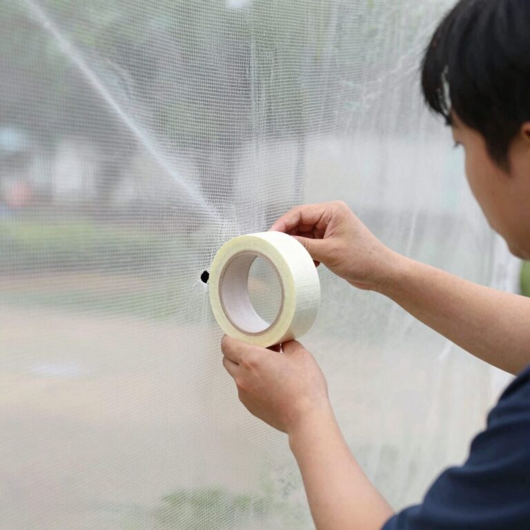 방충망 보수테이프로 구멍을 막는 모습