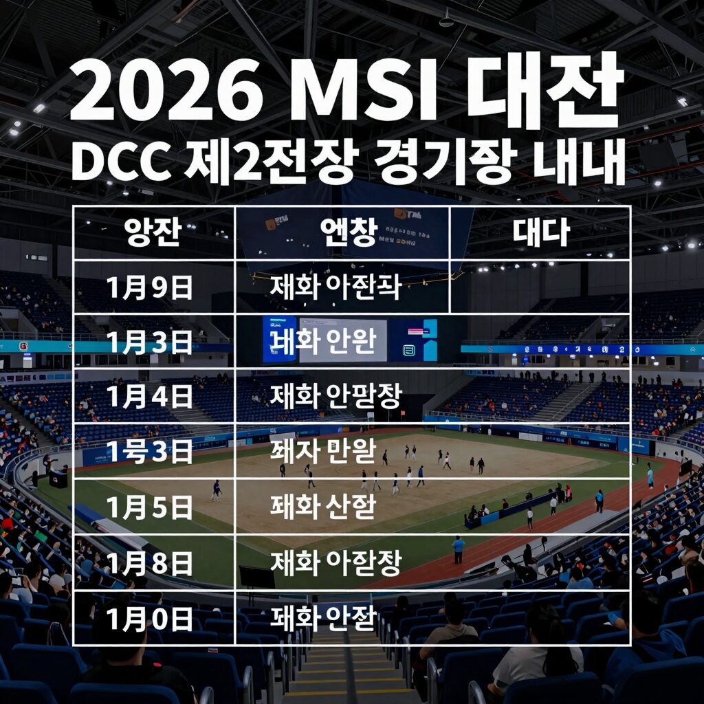 2026 MSI 대전 DCC 제2전시장 경기장 전경과 대회 일정 안내표