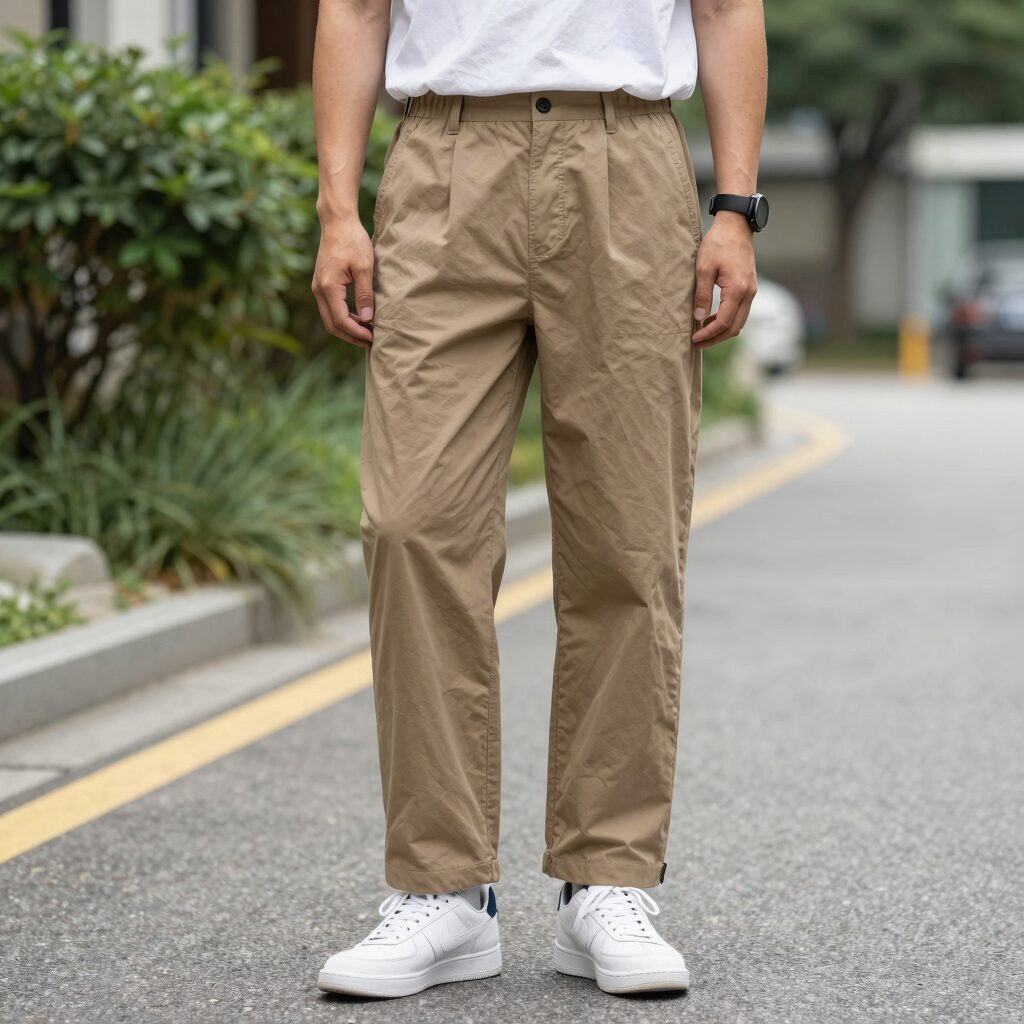 Homme portant un pantalon de costume été avec bande élastique cachée