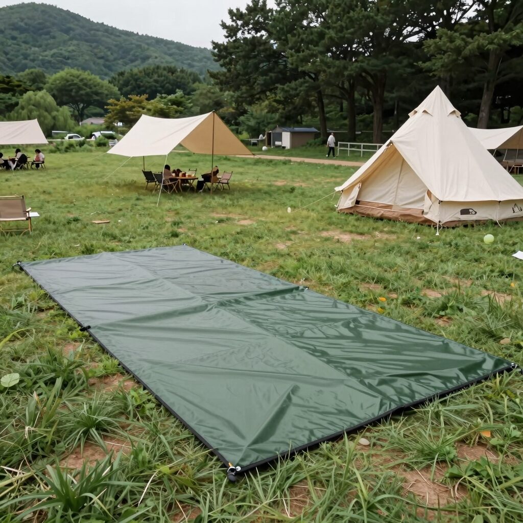 난지캠핑장 피크닉존 잔디밭에 타프와 돗자리를 설치한 모습