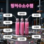 핑크수소 생산 개념도: 원자력 발전소에서 전기를 공급받아 수전해로 수소를 생산하는 과정을 그림으로 표현