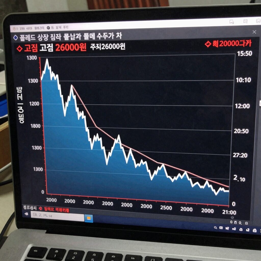 폴레드 상장 첫날과 둘째 날 주가 차트, 고점 26000원에서 급락하는 모습