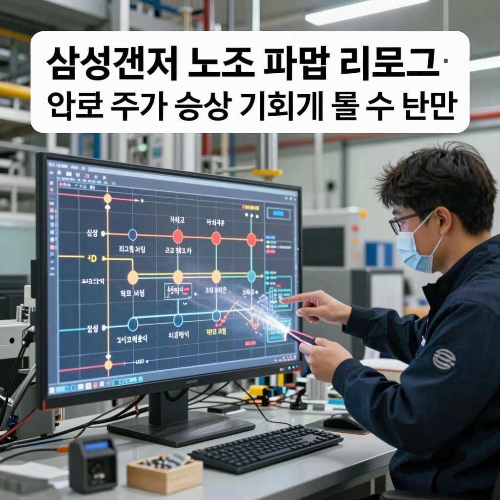 삼성전자 노조 파업 리스크가 오히려 주가 상승 기회가 될 수 있다는 분석 차트와 함께 삼성 반도체 공장 이미지