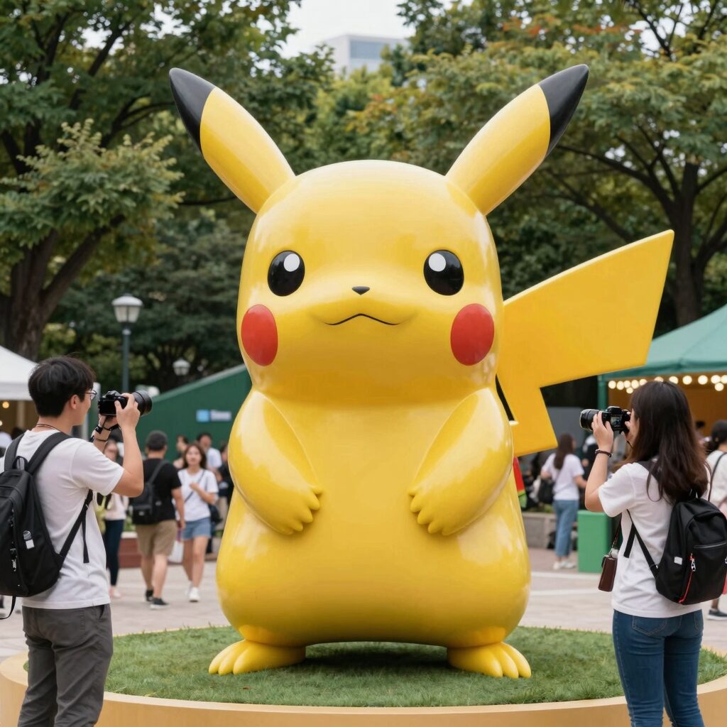 서울숲 포켓몬 페스티벌 중앙광장에 설치된 대형 피카츄 조형물과 방문객들이 사진을 찍는 모습