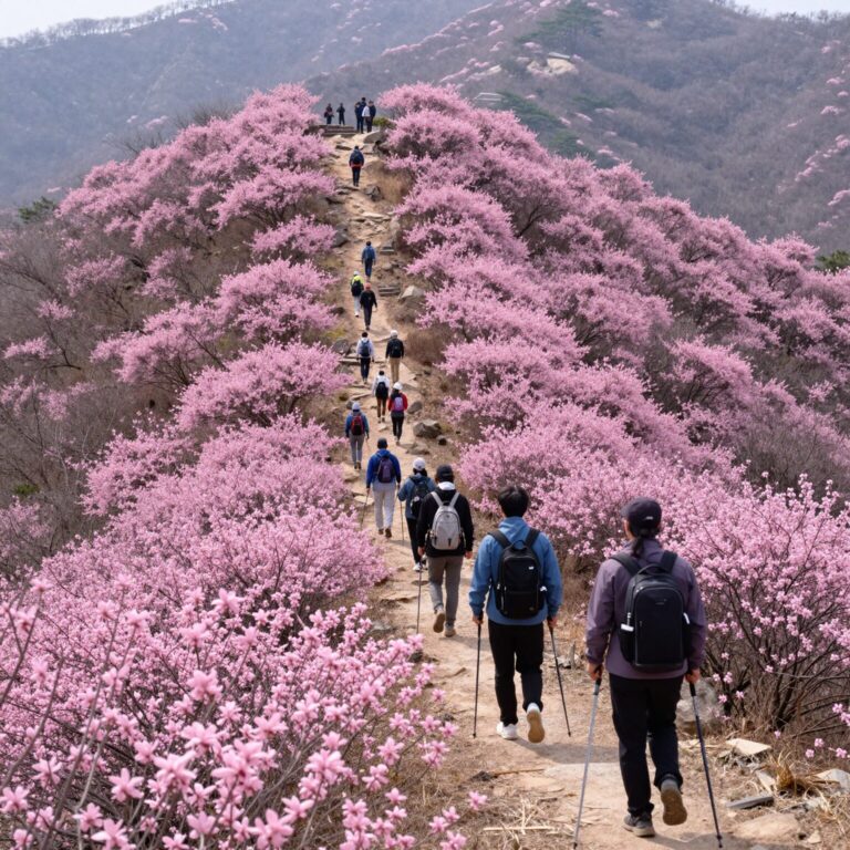 소백산 능선을 따라 펼쳐진 연분홍 철쭉 군락과 트레킹하는 사람들