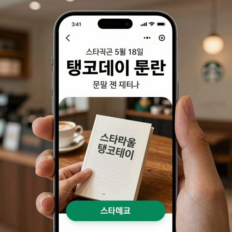 스타벅스 탱크데이 논란 홍보 이미지. 5월 18일 탱크데이 문구와 책상에 탁 문구가 포함된 스타벅스 앱 화면 모습