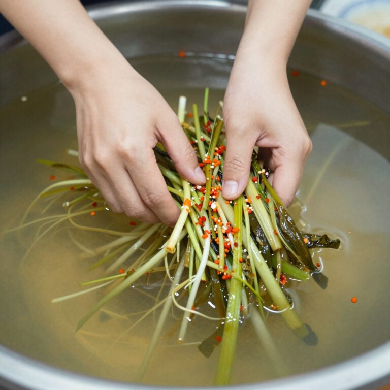 손질된 얼갈이와 열무가 대야에 담겨 있고 주변에 양념 재료들이 놓여 있는 사진. 시원한 물김치를 만들기 위한 준비 과정을 보여준다.