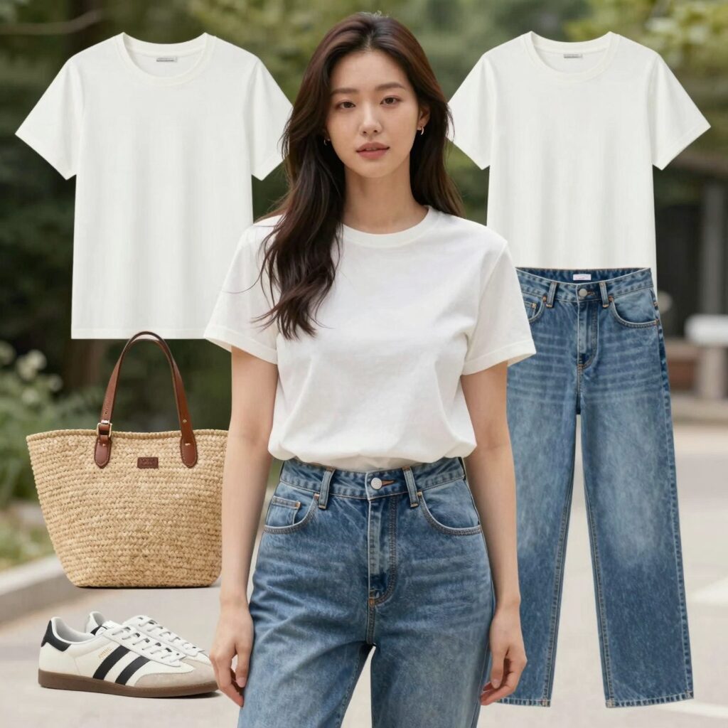 망고매니플리즈 더스트 크롭 티와 모나코 밴딩 팬츠를 입은 여성의 여름 코디 사진