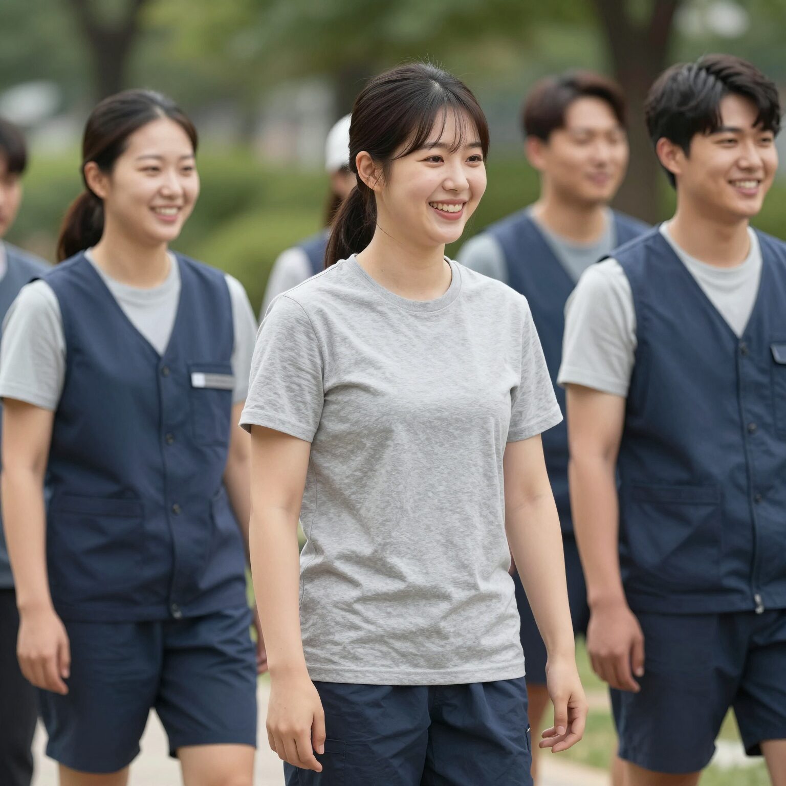 여름 작업복을 입고 웃고 있는 직원들 모습, 시원한 기능성 소재의 반팔 티셔츠와 조끼