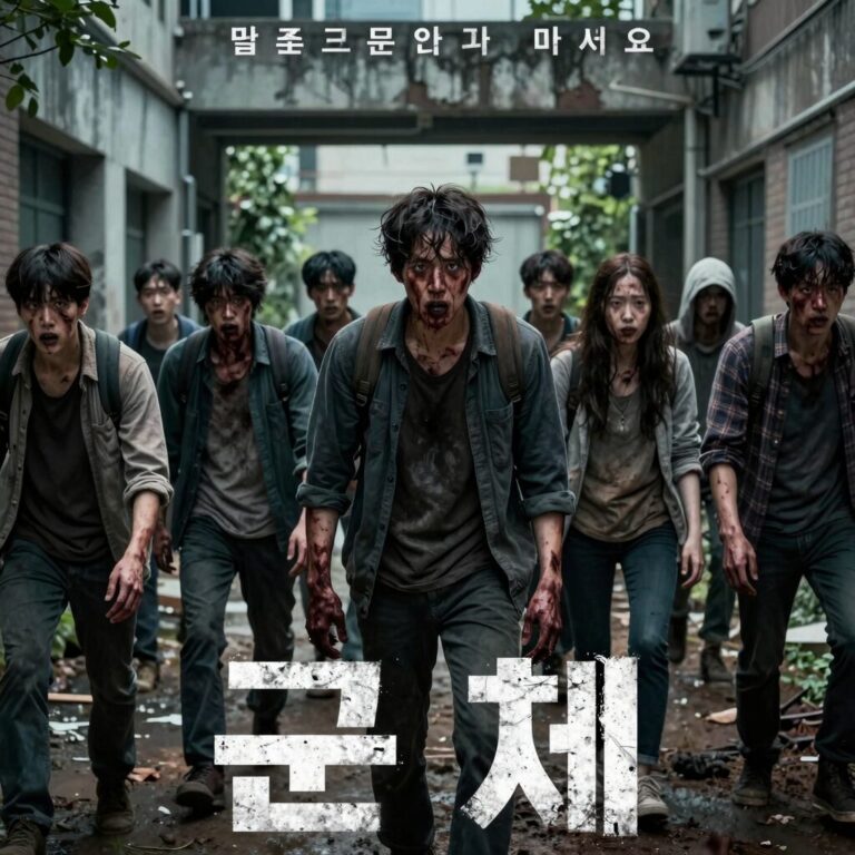 영화 군체 포스터로 좀비 무리가 건물을 에워싸는 장면