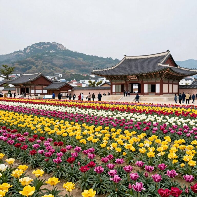 부산 태종대 수국축제에서 만개한 형형색색 수국과 태종사 전경