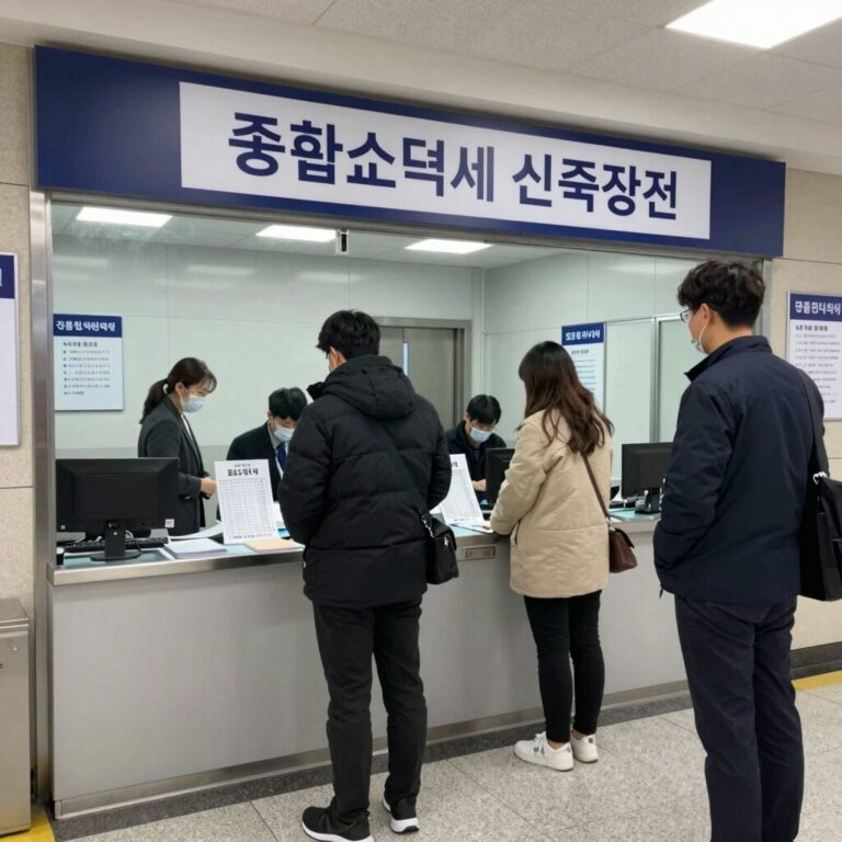 종합소득세 신고를 위해 세무서 입구에서 번호표를 받고 대기 중인 모습. 대기실에는 여러 창구가 안내되어 있다.