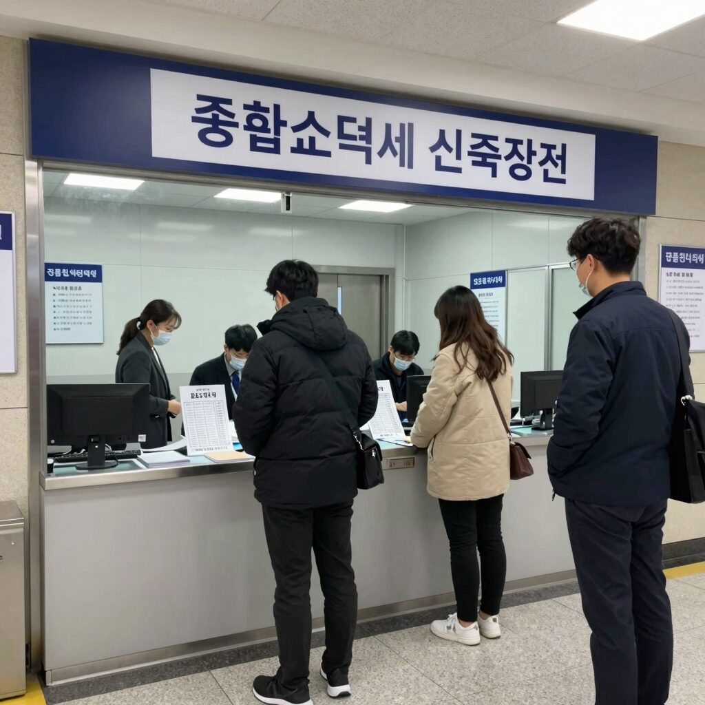 종합소득세 신고를 위해 세무서 입구에서 번호표를 받고 대기 중인 모습. 대기실에는 여러 창구가 안내되어 있다.
