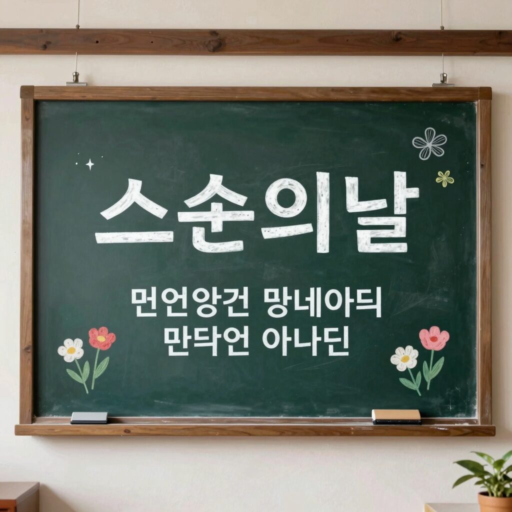 스승의날 현수막 디자인 예시로 칠판과 카네이션이 그려진 따뜻한 분위기의 현수막
