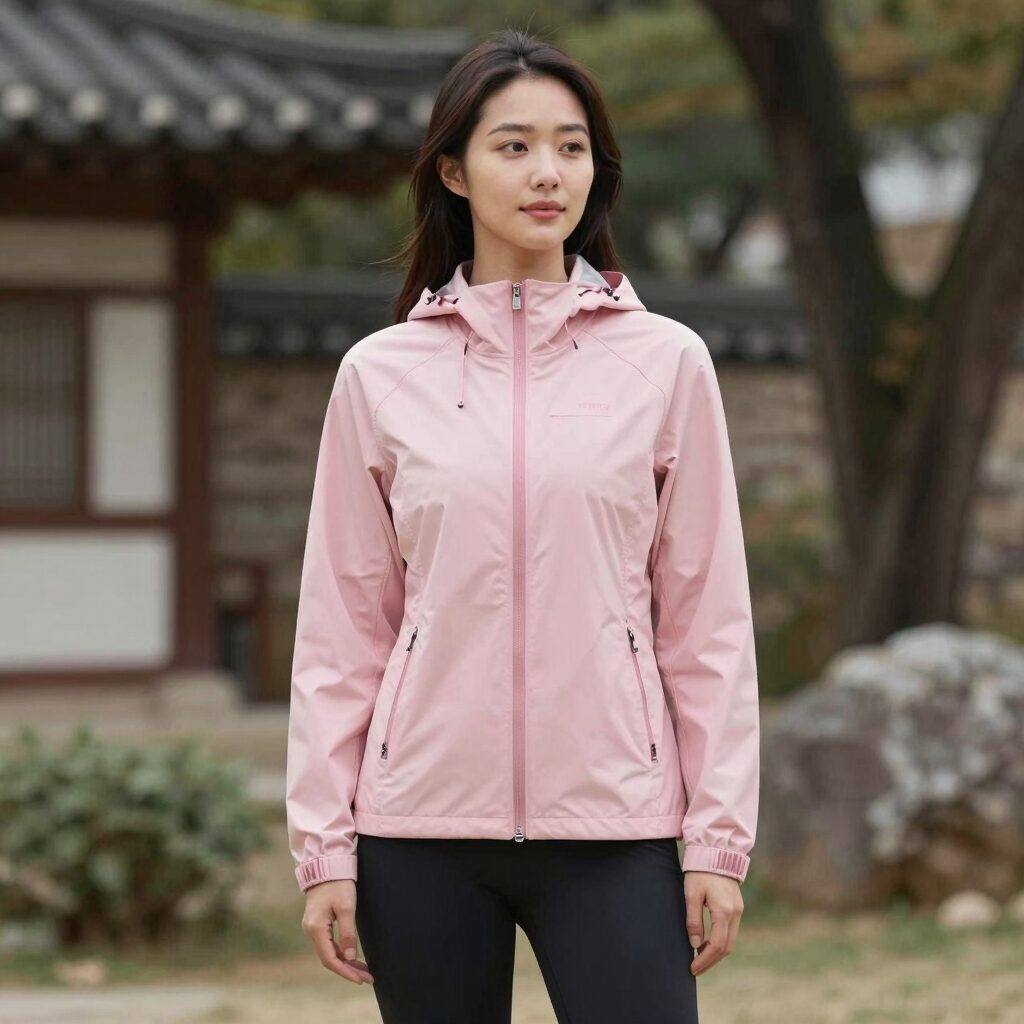 탑텐 여성 바람막이 핑크 컬러 착용 모습