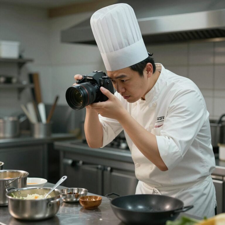 언더커버 셰프가 주방에서 요리하며 카메라에 몰래 찍히는 모습