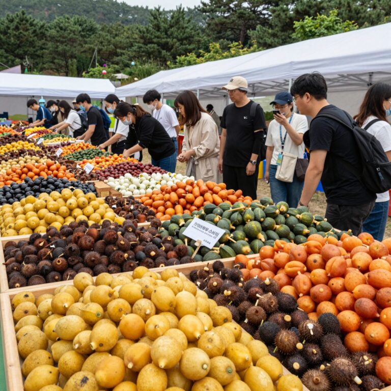 2026년 고창 수박축제 현장에서 다양한 수박들이 진열되어 있는 모습, 시식 부스에 줄을 선 방문객들