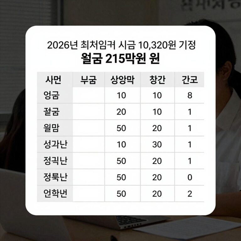 2026년 최저임금 시급 10,320원 기준 월급 215만 원 실수령액 계산표