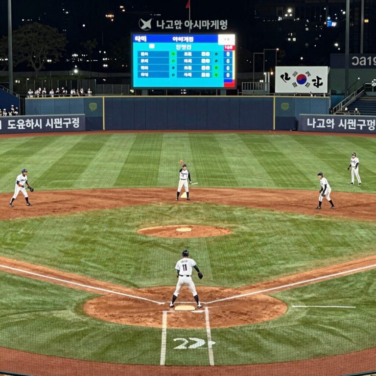 2026 나고야 아시안게임 야구 결승전이 열리는 도요하시 시민구장 전경, 작은 규모와 낮은 펜스가 특징이다