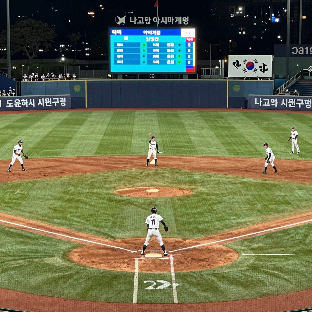 2026 나고야 아시안게임 야구 경기가 열릴 도요하시 시민구장 전경, 작은 규모의 구장과 낮은 펜스가 보인다