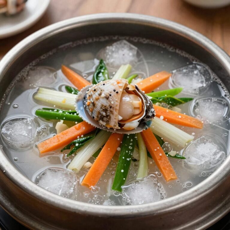 얼음 동동 띄운 전복물회 그릇 사진, 새콤달콤한 육수 위에 채소와 전복이 올려져 있다.