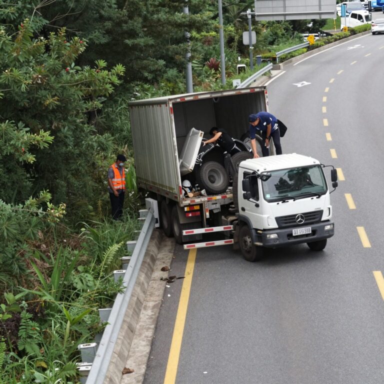 울산 아산로 5톤 화물트럭 전복 사고 현장 중앙분리대를 넘어 반대 차선으로 넘어진 트럭과 통제된 도로 모습