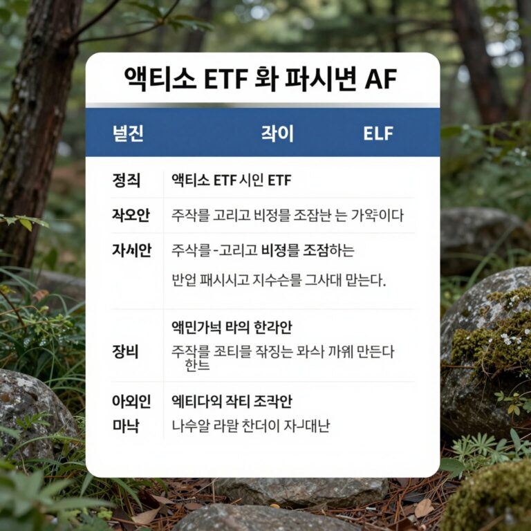 액티브 ETF와 패시브 ETF의 차이점을 비교한 표. 액티브는 주식을 고르고 비중을 조절하는 반면 패시브는 지수를 그대로 따른다.