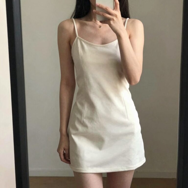 여름 아일렛 원피스 아이보리 컬러 입고 거울 셀카 찍는 여성, 화사한 분위기