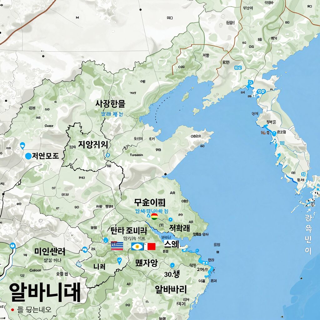 알바니아 지도와 주변국 위치, 발칸반도 내에서 알바니아가 차지하는 지리적 위치를 강조한 이미지
