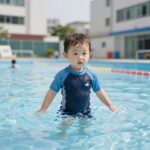 아기 수영복 고르는 법과 실제 후기 올인원 래쉬가드 입은 아기가 물놀이하는 모습