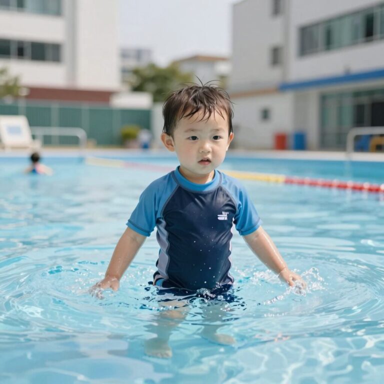 올인원 래쉬가드 입은 아기가 물놀이하는 모습