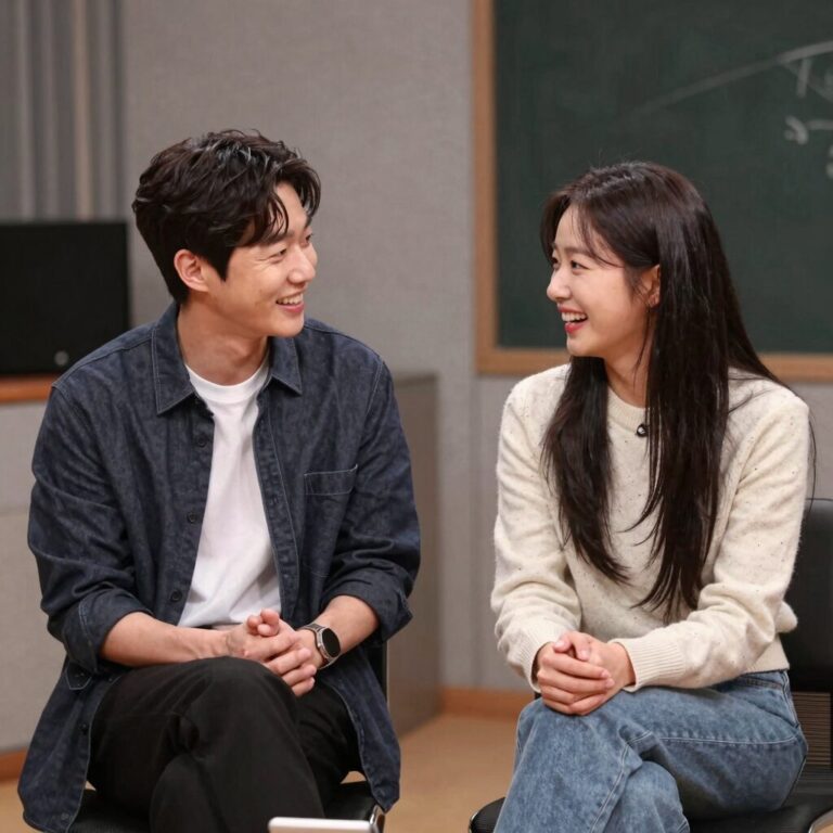배성재와 김다영이 방송 스튜디오에서 함께 웃으며 대화하고 있는 모습