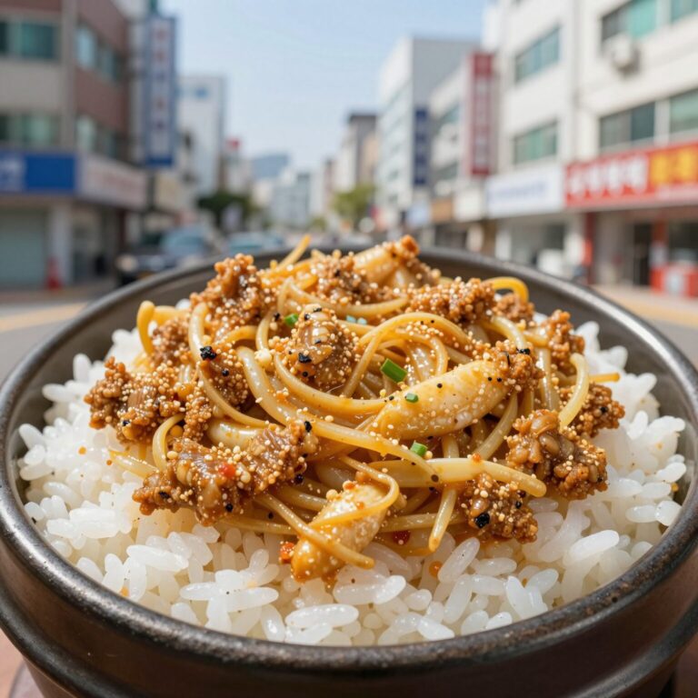 백종원 감자짜글이 완성된 모습 밥 위에 올려 비빈 사진